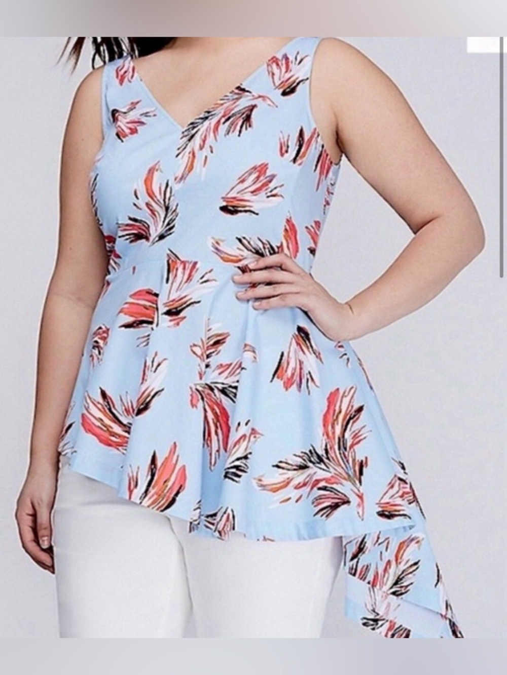 Lane Bryant Asymmetrical Peplum Tank Blue Floral V-Neck Top Size 18